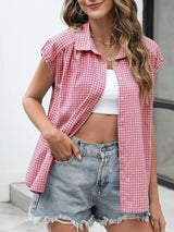Plaid Button Up Cap Sleeve Shirt - Trendsi - Flyclothing LLC