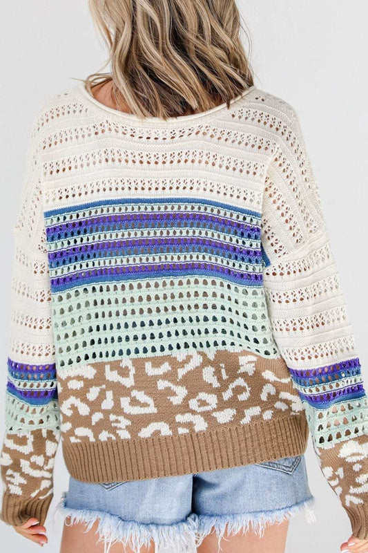 Leopard Striped Round Neck Crochet Knit Top - Trendsi - Flyclothing LLC