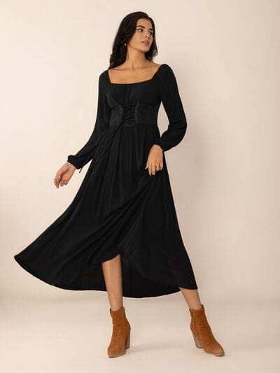 Lace-Up Square Neck Long Sleeve Midi Dress - Trendsi - Flyclothing LLC