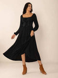 Lace-Up Square Neck Long Sleeve Midi Dress - Trendsi - Flyclothing LLC
