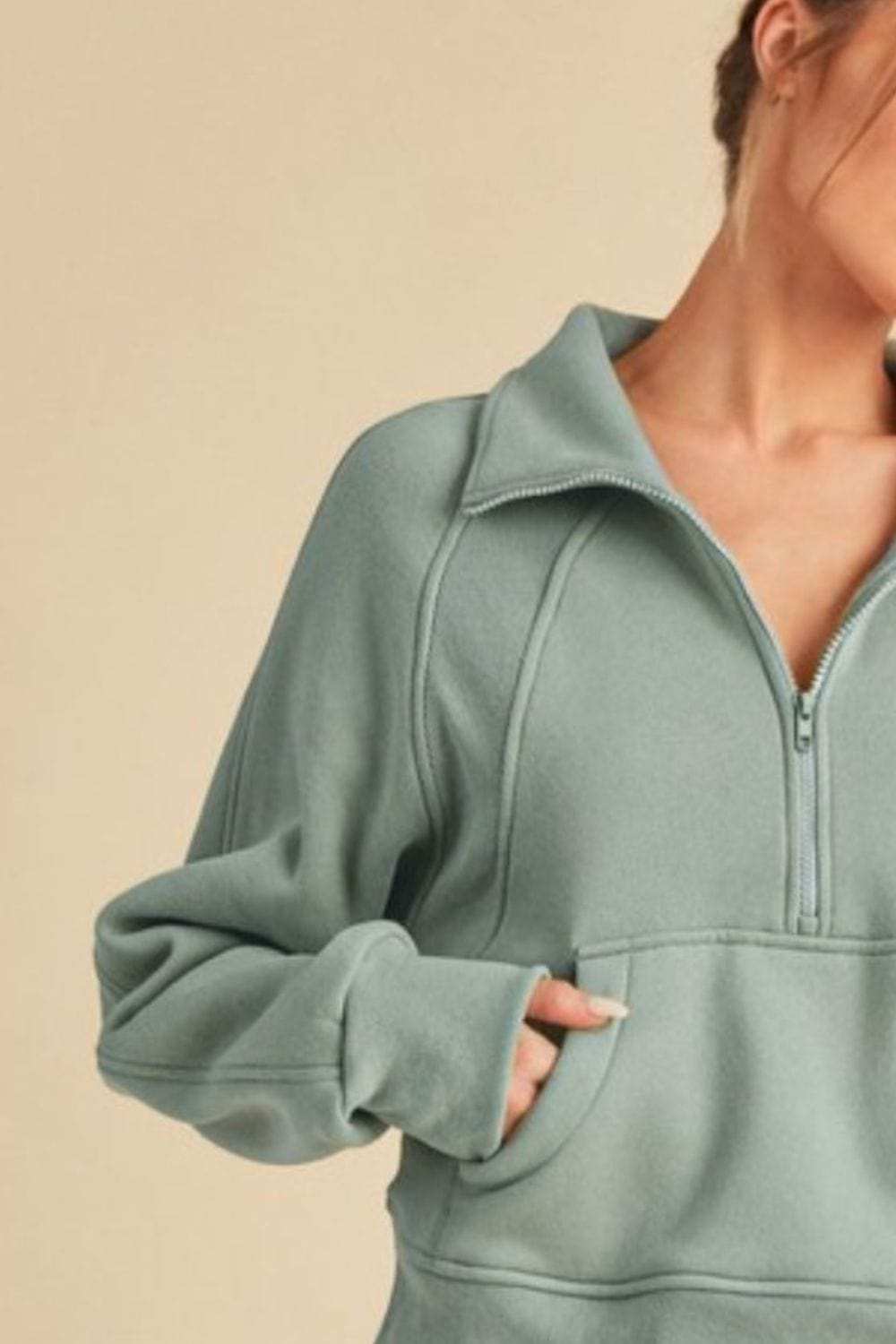 Aemi + Co Half Zip Raglan Sleeve Sweatshirt with Kangaroo Pocket - Trendsi - Flyclothing LLC