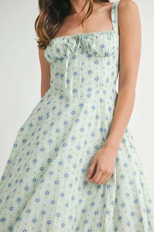 MABLE Floral Print Bustier Back Lace Up Midi Dress - Trendsi - Flyclothing LLC