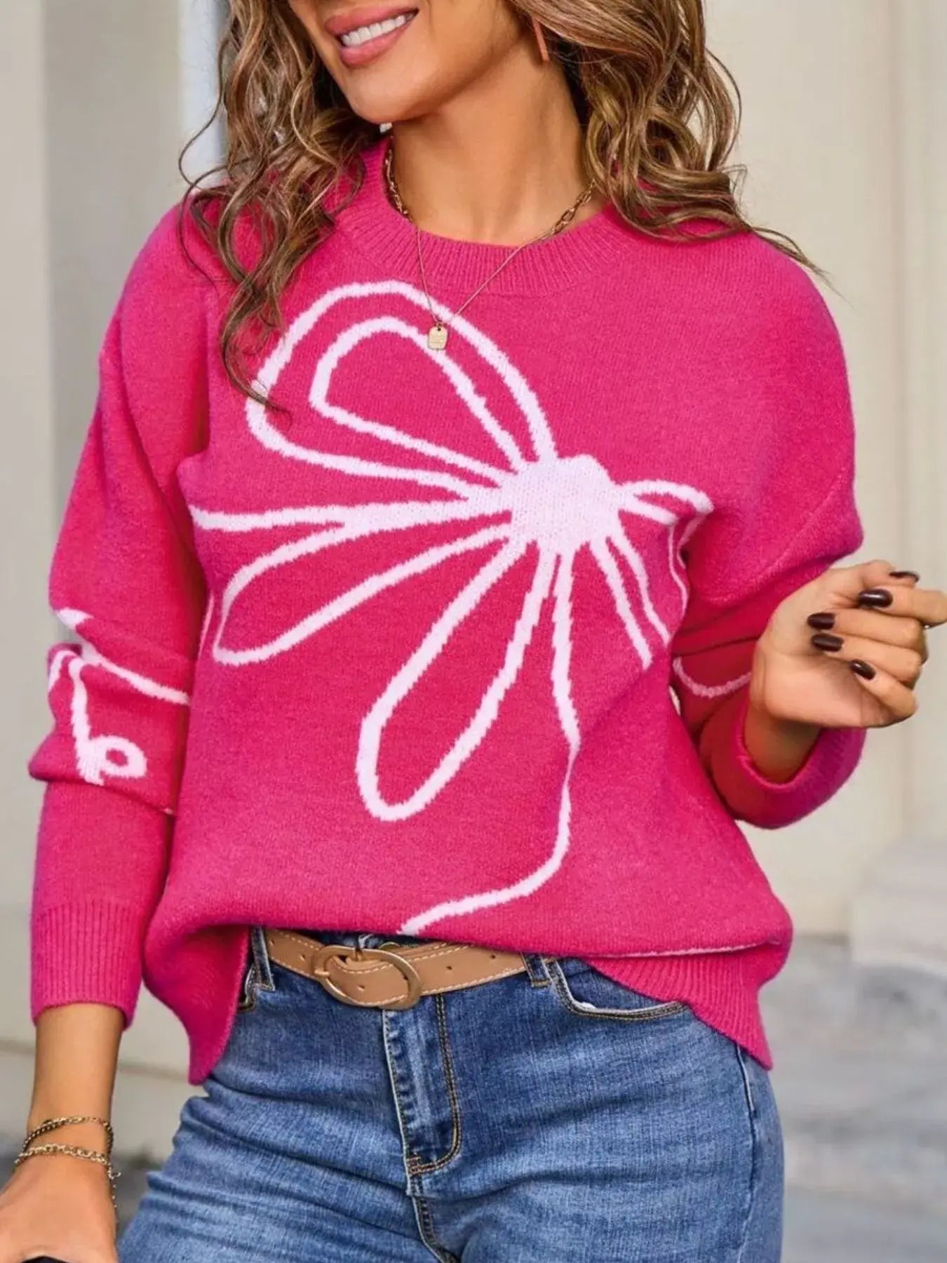 Floral Crew Neck Long Sleeve Sweater - Trendsi - Flyclothing LLC
