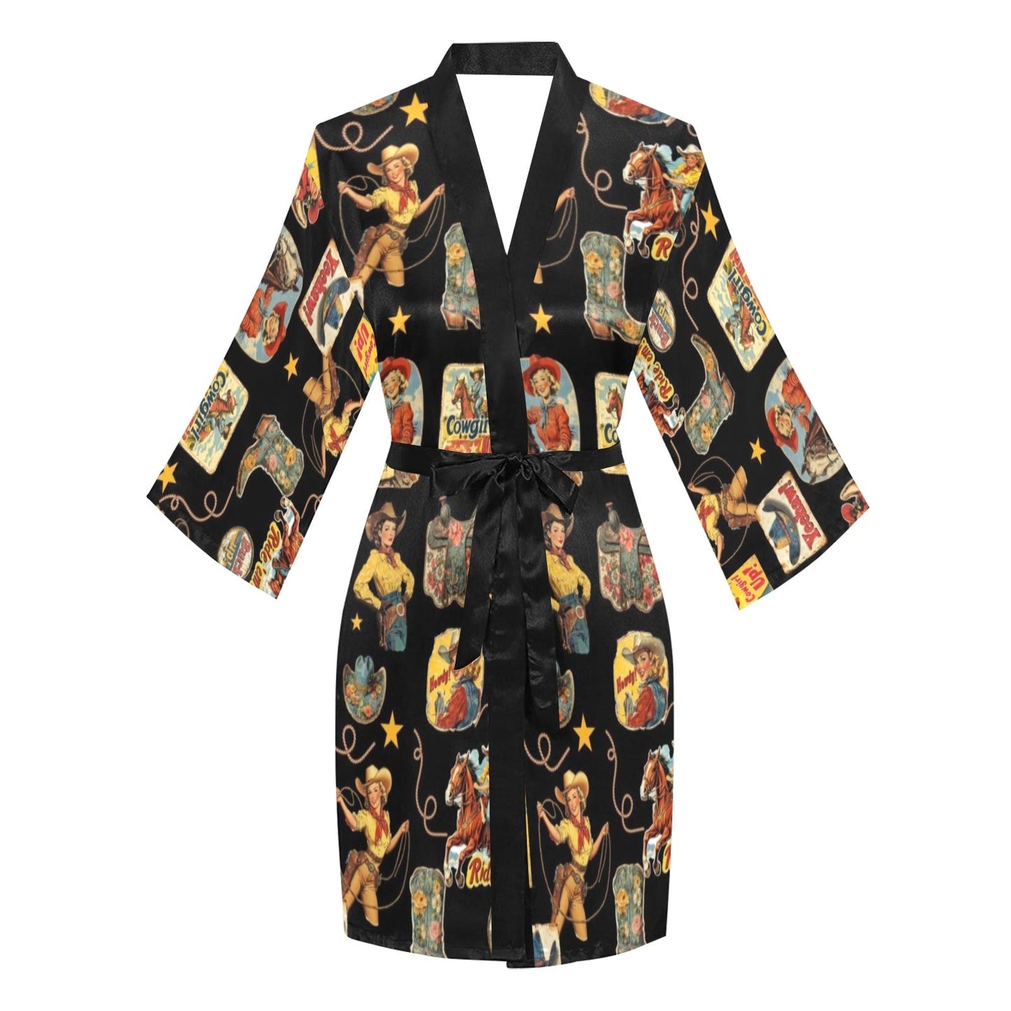 Baha Ranch Vintage Cowgirl Collage Satin Kimono Sleeve Robe