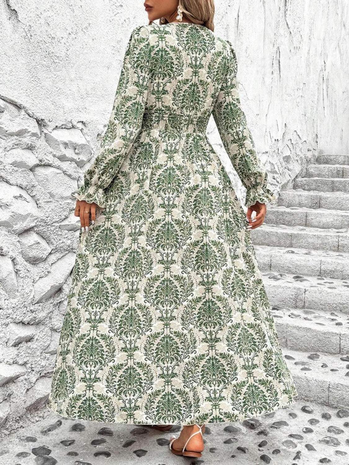 Smocked Printed V-Neck Flounce Sleeve Dress - Trendsi - Flyclothing LLC