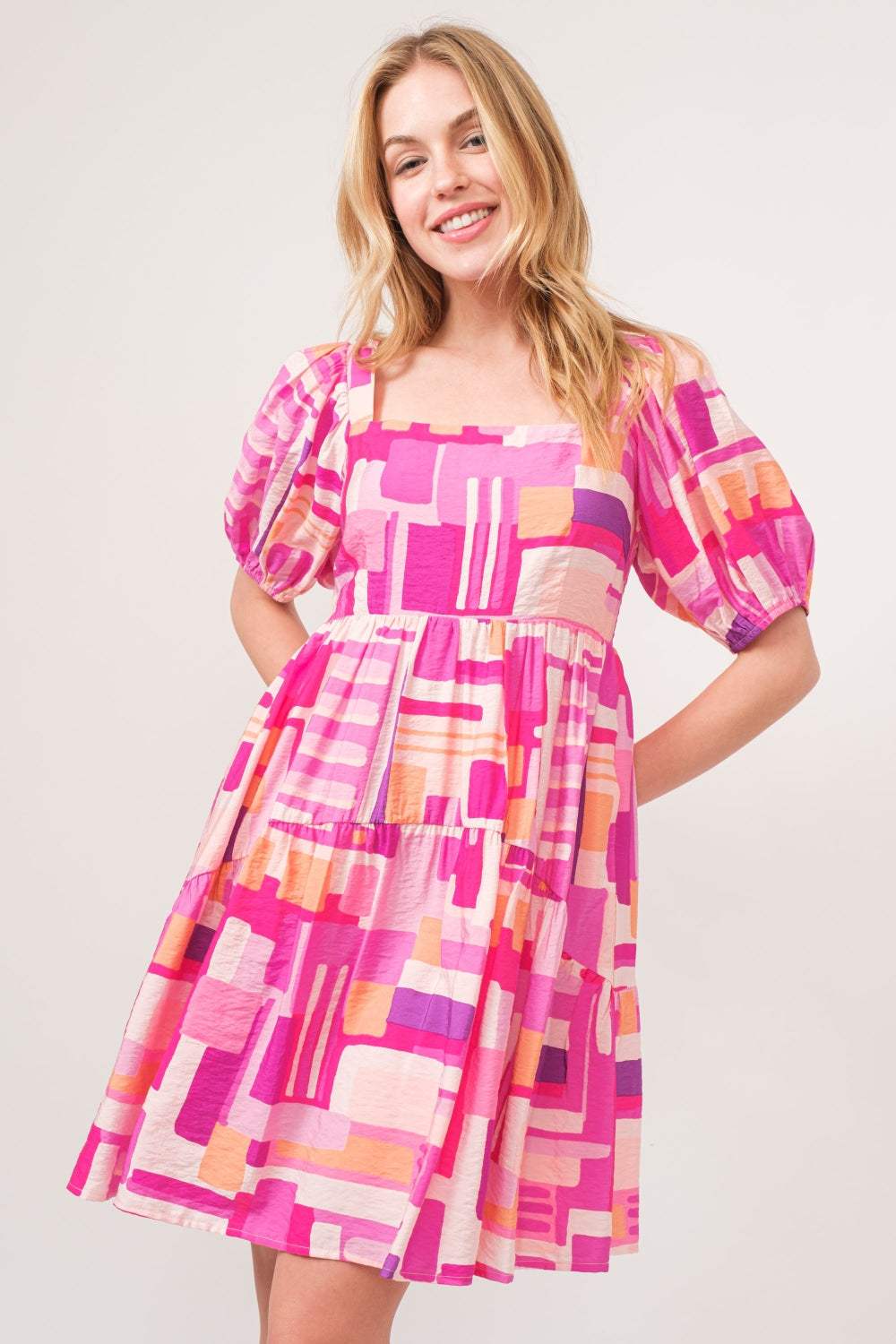 And The Why Color Block Puff Sleeve Dress - Trendsi - Flyclothing LLC