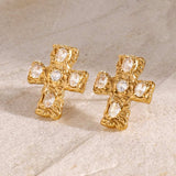 18K Gold-Plated Zircon Cross Earrings - Trendsi - Flyclothing LLC