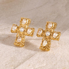 18K Gold-Plated Zircon Cross Earrings - Trendsi