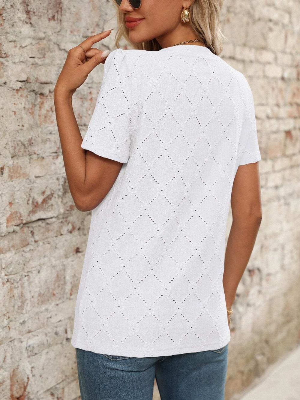Eyelet Notched Short Sleeve Top - Trendsi - Flyclothing LLC