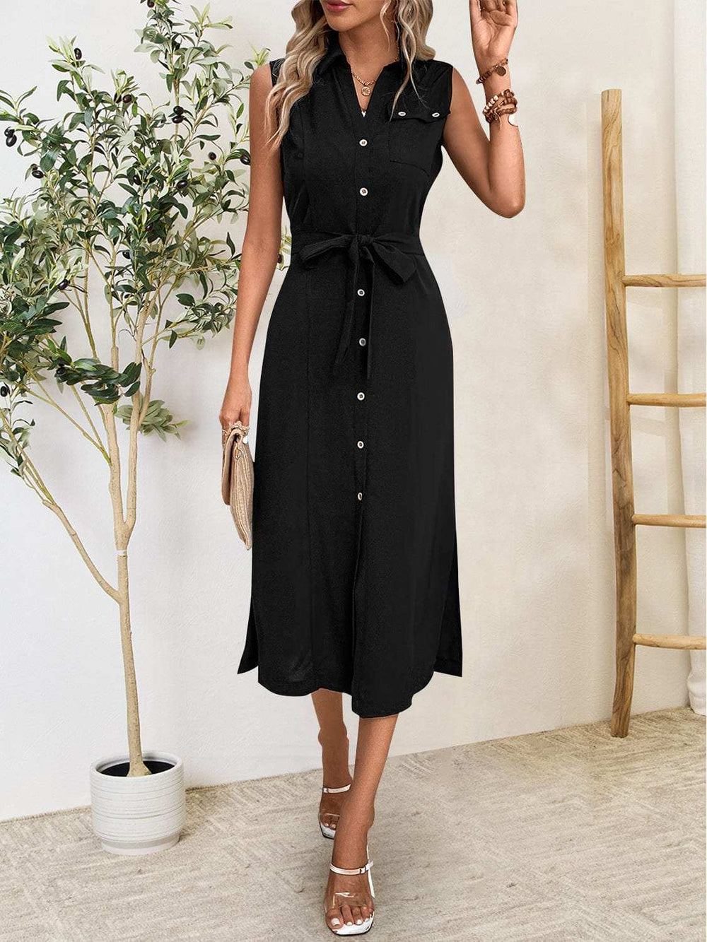 Button Up Sleeveless Midi Dress - Trendsi - Flyclothing LLC