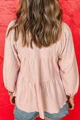 Textured Tie Neck Three-Quarter Sleeve Blouse - Trendsi - Flyclothing LLC