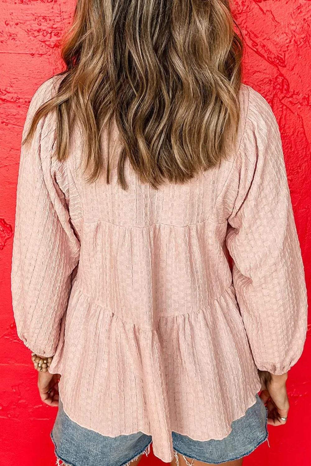 Textured Tie Neck Three-Quarter Sleeve Blouse - Trendsi - Flyclothing LLC