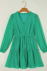 Frill V-Neck Long Sleeve Mini Dress - Trendsi - Flyclothing LLC