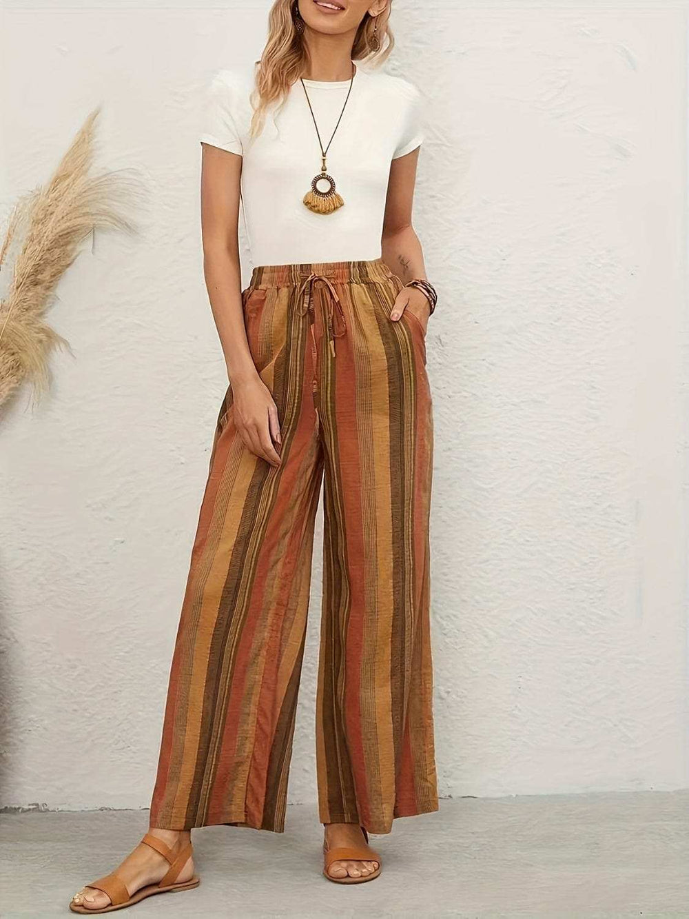 Full Size Drawstring Striped Wide Leg Pants - Trendsi - Flyclothing LLC