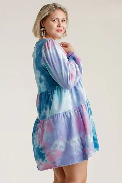 Umgee Full Size Tie Dye Round Neck Long Sleeve Babydoll Tiered Dress Plus Size - Trendsi - Flyclothing LLC