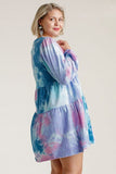 Umgee Full Size Tie Dye Round Neck Long Sleeve Babydoll Tiered Dress Plus Size - Trendsi
