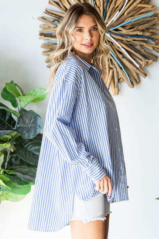 First Love Striped Button Down High-Low Hem Shirt - Trendsi - Flyclothing LLC