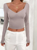 Plunge Long Sleeve T-Shirt - Trendsi - Flyclothing LLC