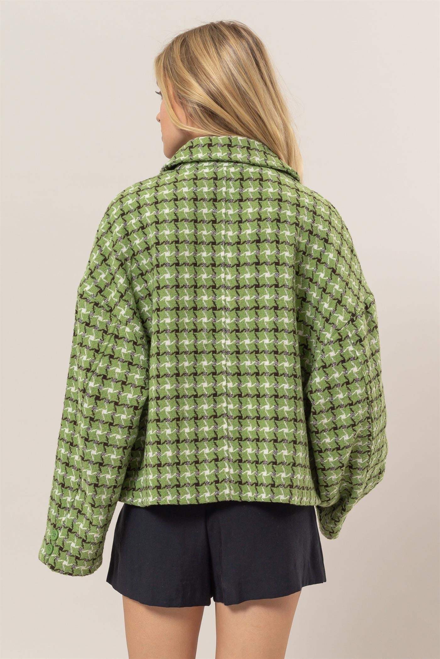 HYFVE Tweed Plaid Button Up Collared Neck Jacket - Trendsi - Flyclothing LLC