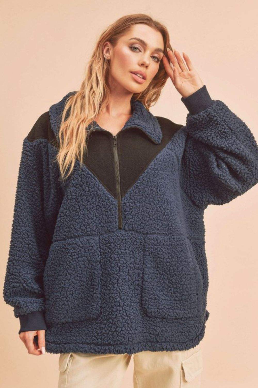 Aemi+Co Two Tone Half Zip Fleece Sweatshirt - Trendsi - Flyclothing LLC