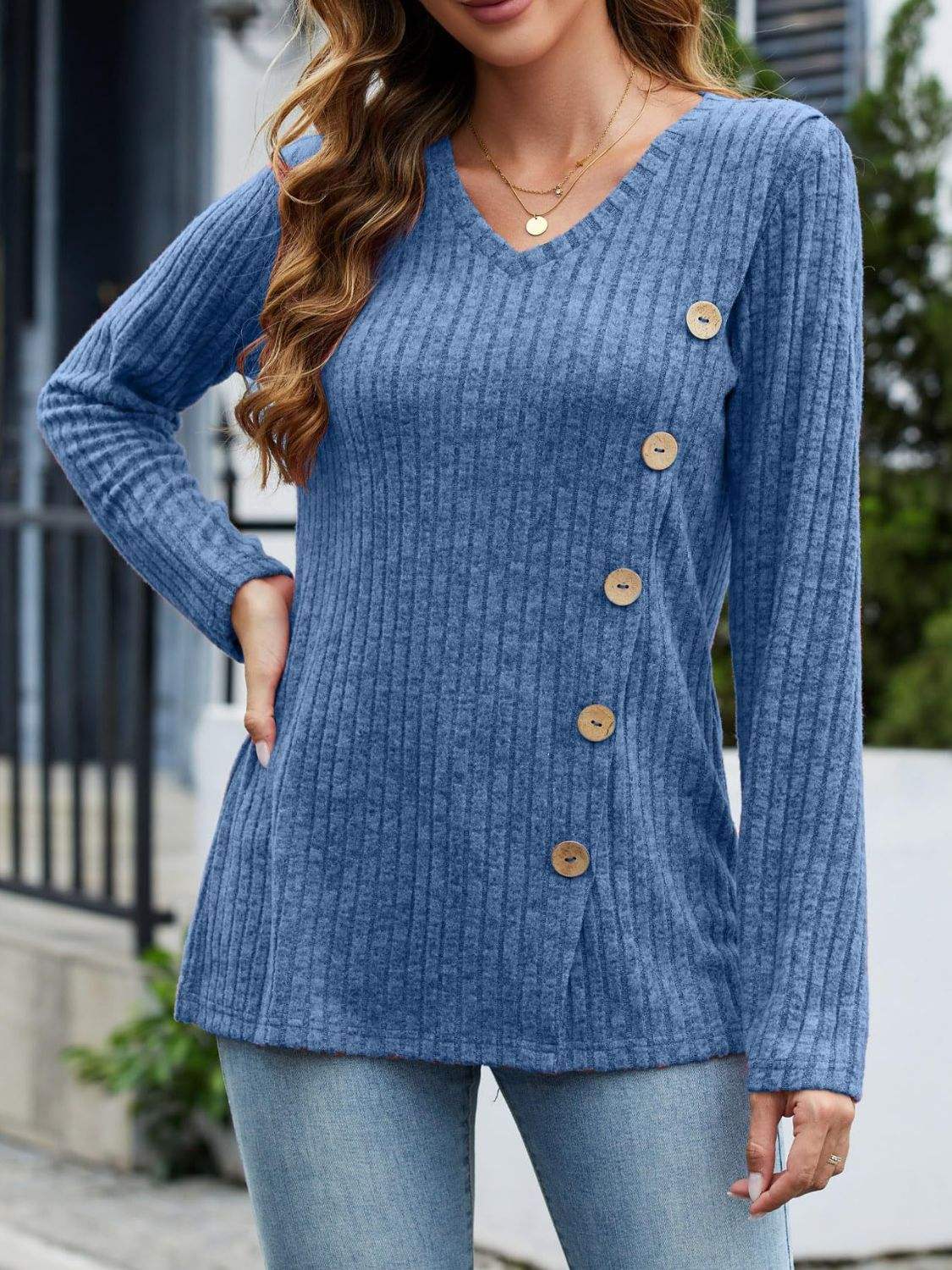 V-Neck Long Sleeve T-Shirt - Trendsi - Flyclothing LLC
