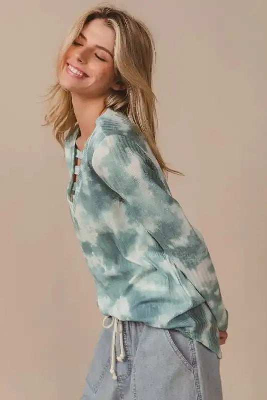 BiBi Variegated Tie Dye Rib V-Neck Top with Strapped - Trendsi - Flyclothing LLC