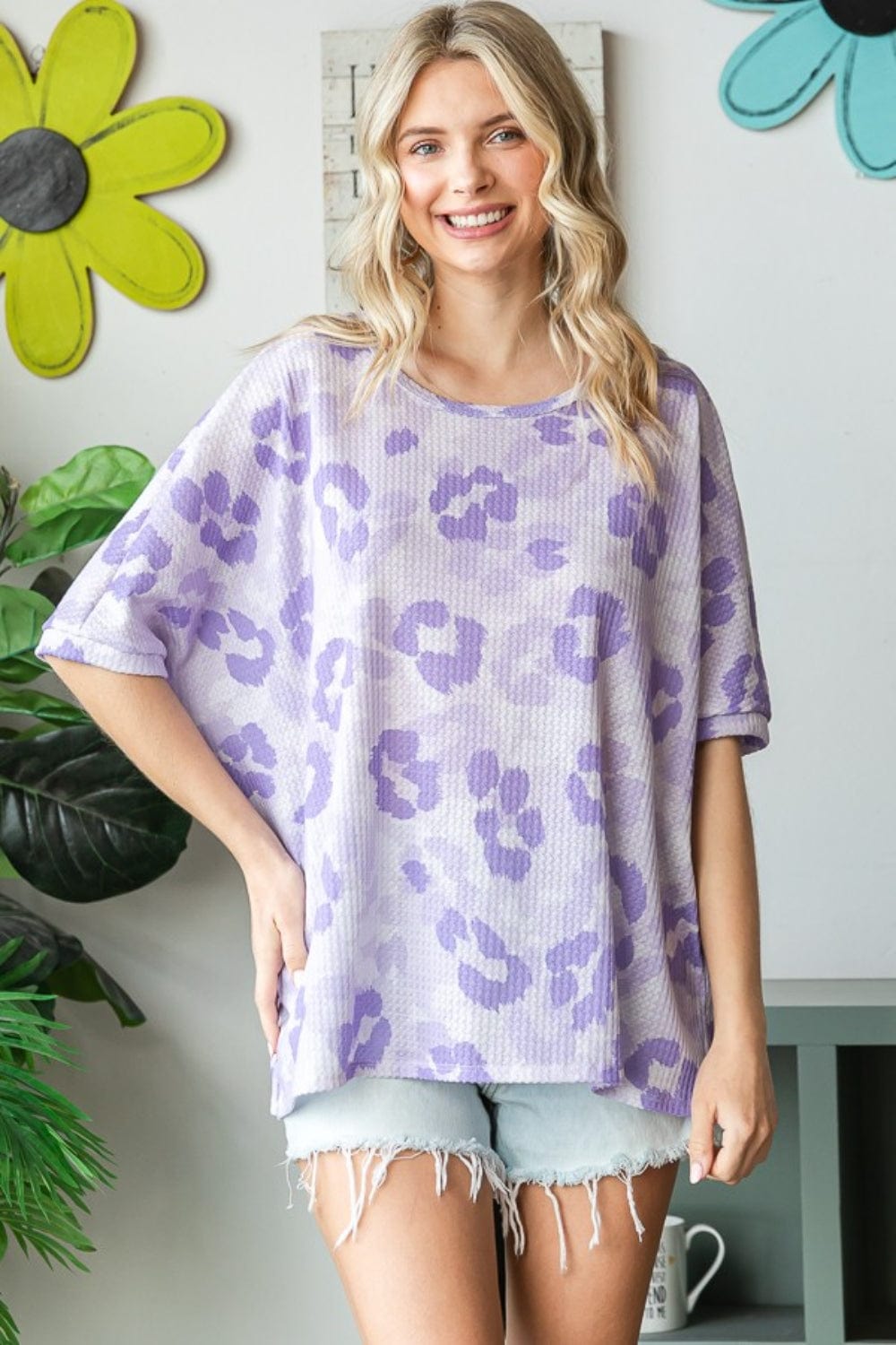 HOPELY Print Waffle Oversized T-Shirt - Trendsi