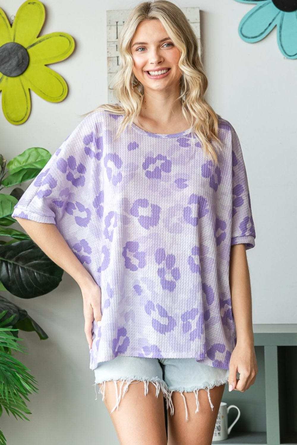 HOPELY Print Waffle Oversized T-Shirt - Trendsi - Flyclothing LLC