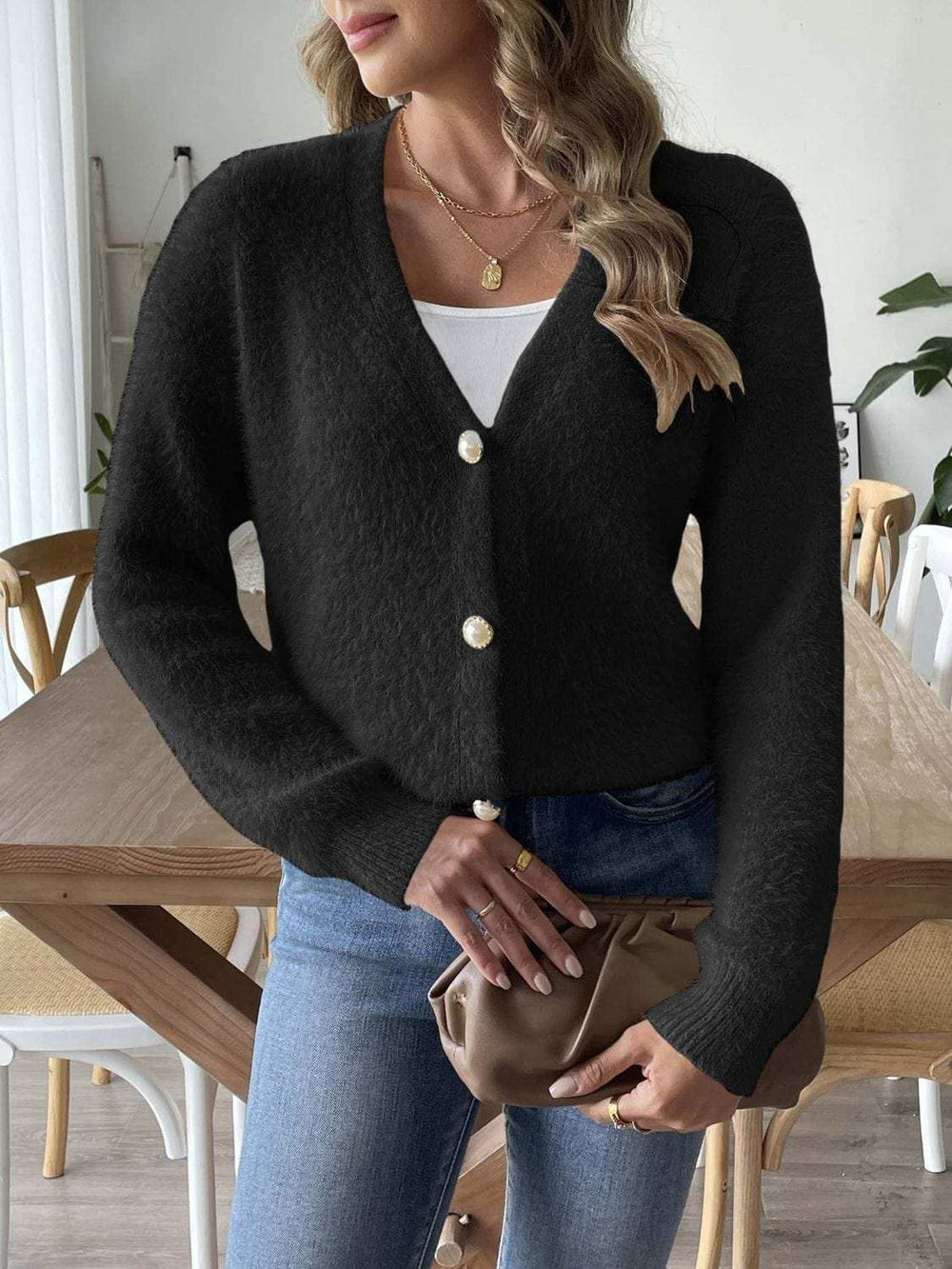 Button Up V-Neck Long Sleeve Cardigan - Trendsi - Flyclothing LLC