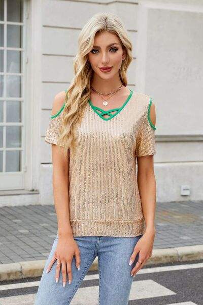 Sequin Crisscross V-Neck Cold Shoulder Blouse - Trendsi - Flyclothing LLC