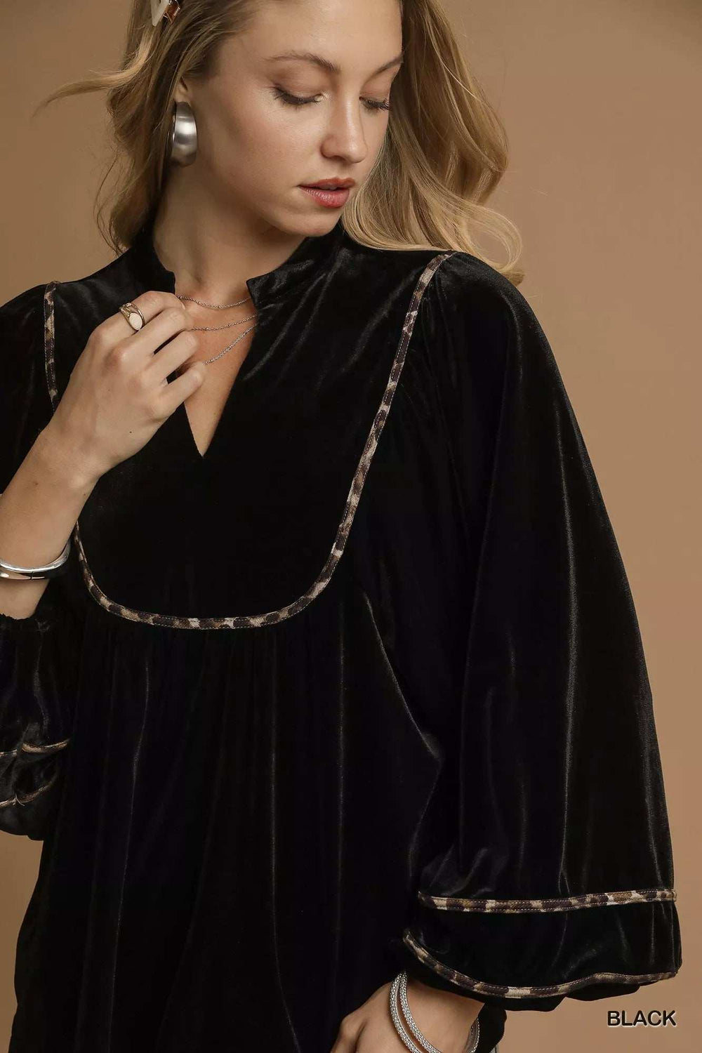 Umgee Velvet Long Sleeve Blouse with Contrast Trim - Trendsi - Flyclothing LLC