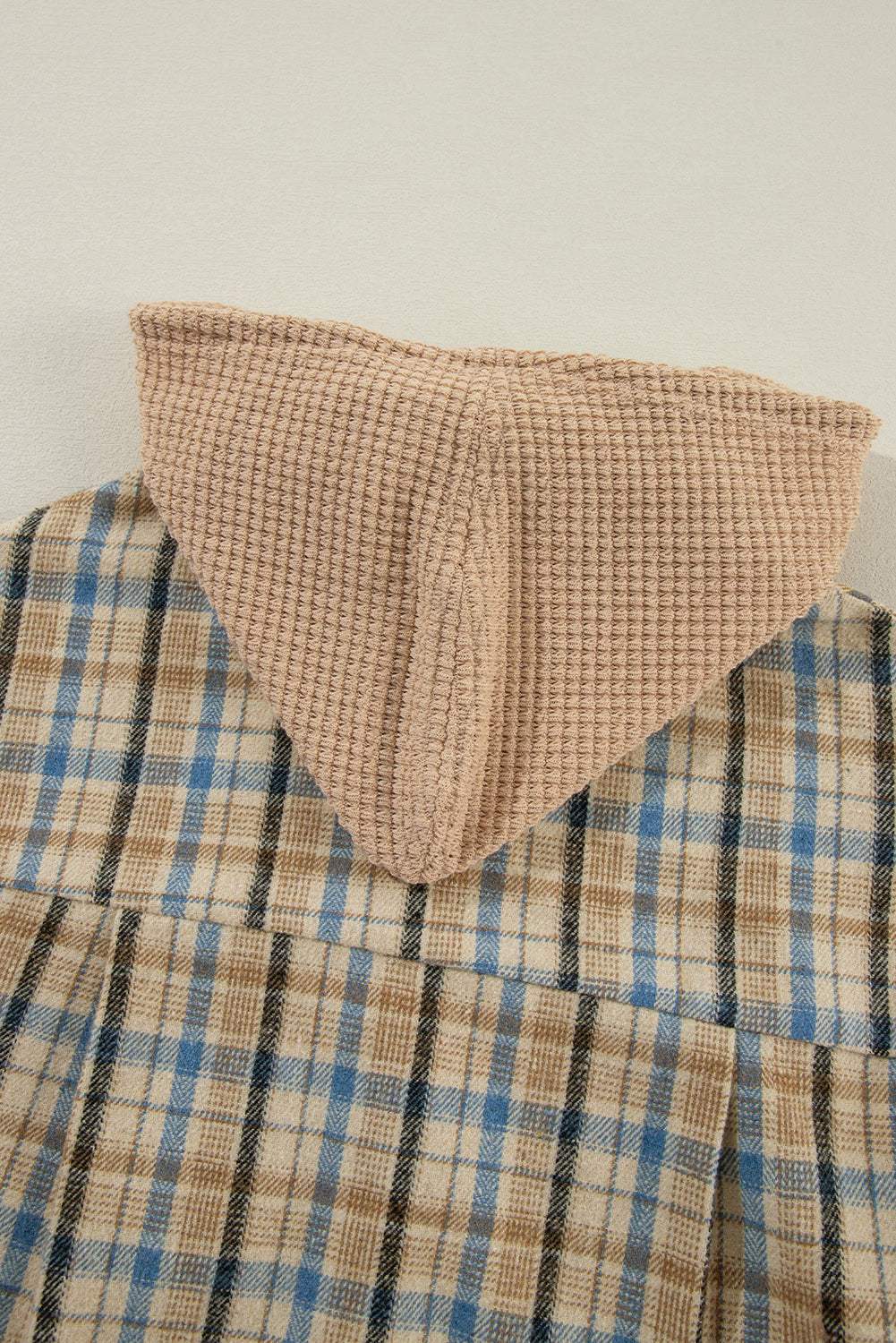 Drawstring Waffle Knit Patchwork Hooded Plaid Shacket - Trendsi - Flyclothing LLC