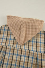 Drawstring Waffle Knit Patchwork Hooded Plaid Shacket - Trendsi - Flyclothing LLC