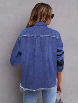 Pocketed Collared Neck Long Sleeve Denim Shirt - Trendsi - Flyclothing LLC