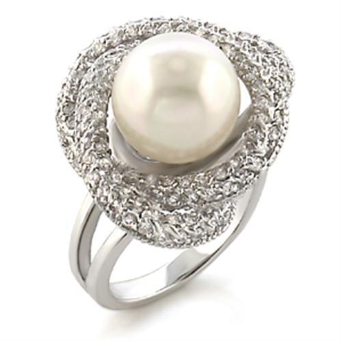 9W005 - Rhodium Brass Ring with Synthetic Pearl in White - Alamode