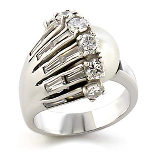 9W010 - Rhodium Brass Ring with Synthetic Pearl in White - Alamode - Flyclothing LLC
