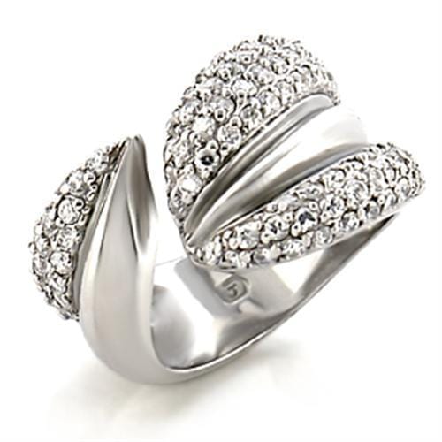 9W076 - Rhodium Brass Ring with AAA Grade CZ  in Clear - Alamode