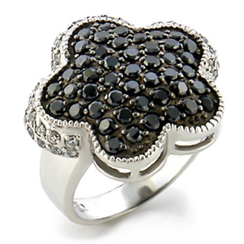 9W099 - Rhodium + Ruthenium Brass Ring with AAA Grade CZ  in Jet - Alamode