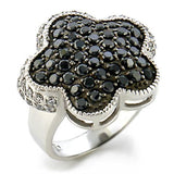 9W099 - Rhodium + Ruthenium Brass Ring with AAA Grade CZ  in Jet - Alamode