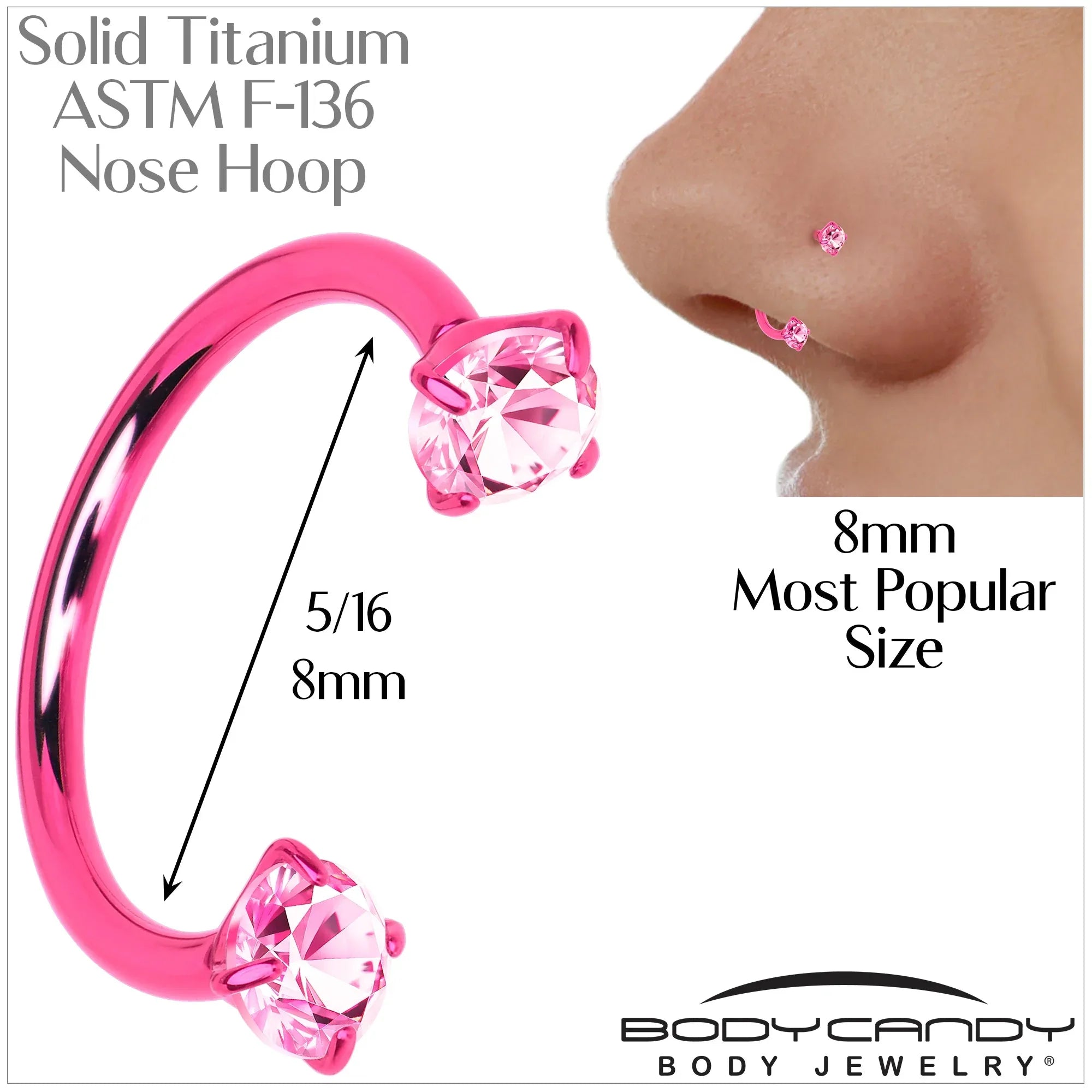 Pink Double Gem Horseshoe Nose Ring - Solid Titanium Anodized - BodyCandy - Flyclothing LLC