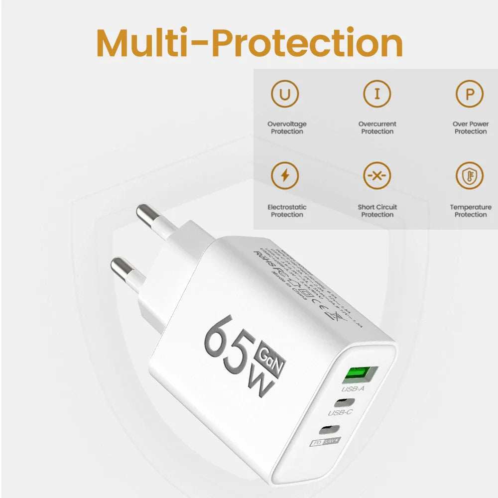65W GaN USB C Charger Fast Charger QC3.0 Type C PD Mobile Phone Quick Charging Adapter for iPhone Samsung Xiaomi Wall Charger - ZeeBelle.com - Flyclothing LLC