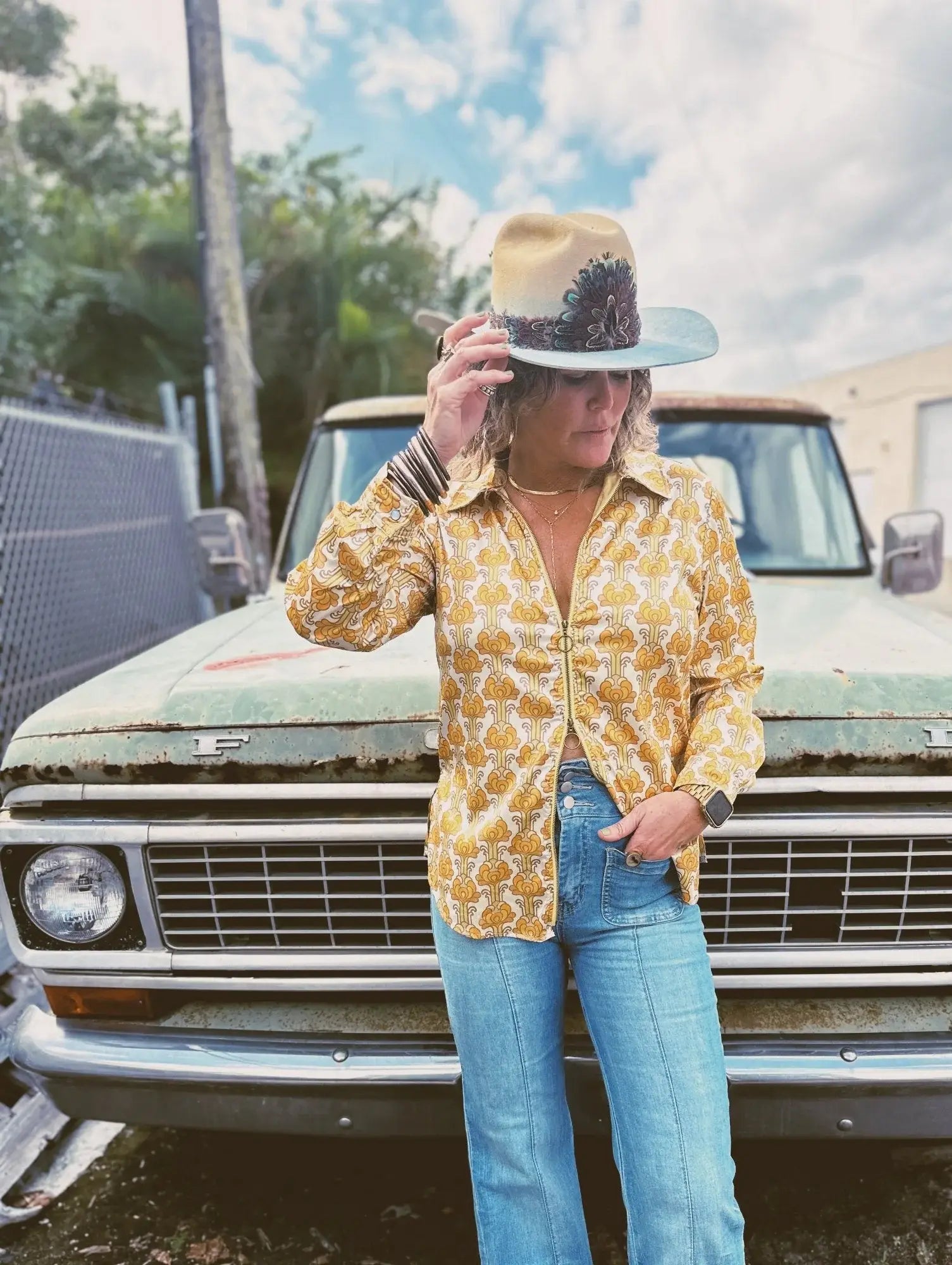 Streets Of Gold Golden Yellow Tulip Zipper Front Blouse - Lil Bee's Bohemian - Flyclothing LLC