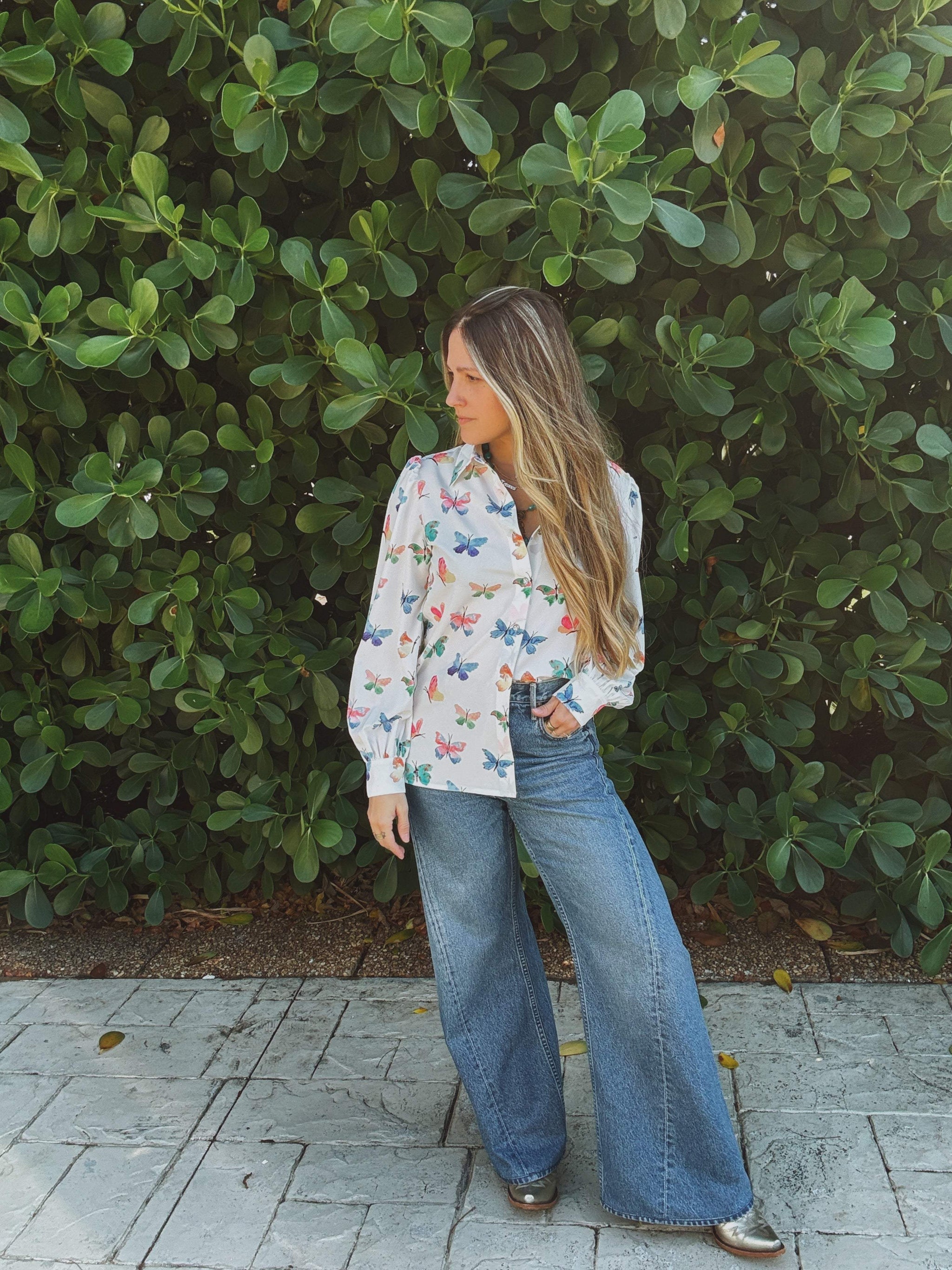 Eyes Without a Face Butterfly Button Up Blouse - Lil Bee's Bohemian - Flyclothing LLC