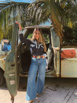 John Wayne Western Pearl Snap Button Up Top In Denim Blue - Lil Bee's Bohemian - Flyclothing LLC