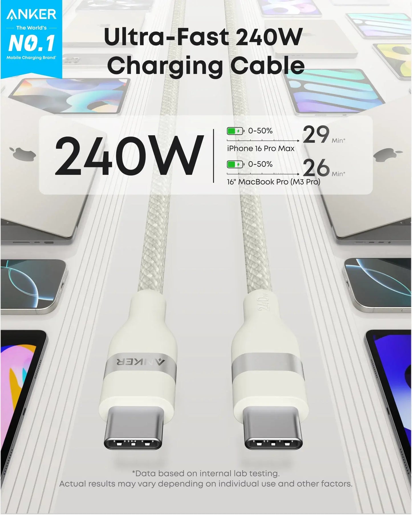 Anker USB-C to USB-C Cable (3 ft / 6 ft, 240W, Upcycled-Braided) - Anker - Flyclothing LLC
