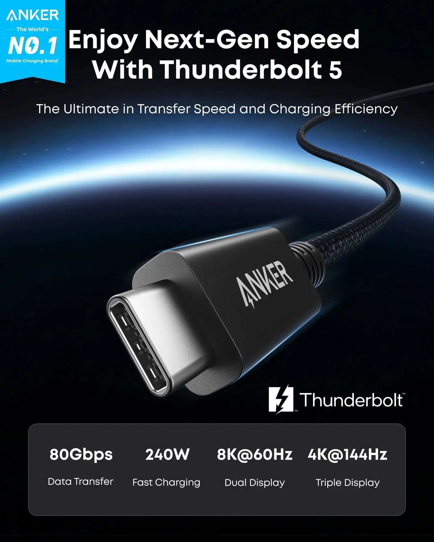 Anker Prime Thunderbolt 5 Cable (3.3 ft / 1.7 ft, 80 Gbps, 240W) - Anker - Flyclothing LLC