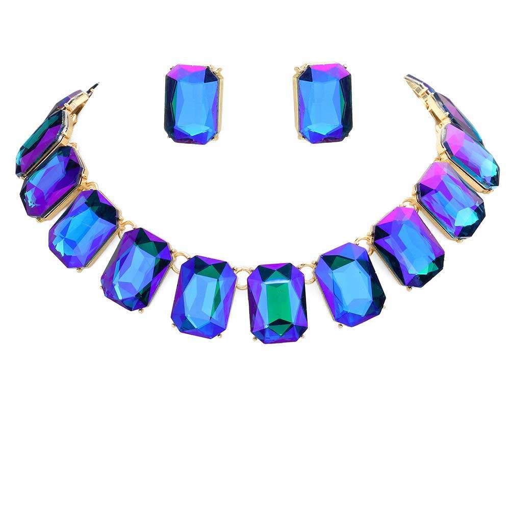 Emerald Cut Stone Link Evening Necklace Earring Set - Madeline Love - Flyclothing LLC