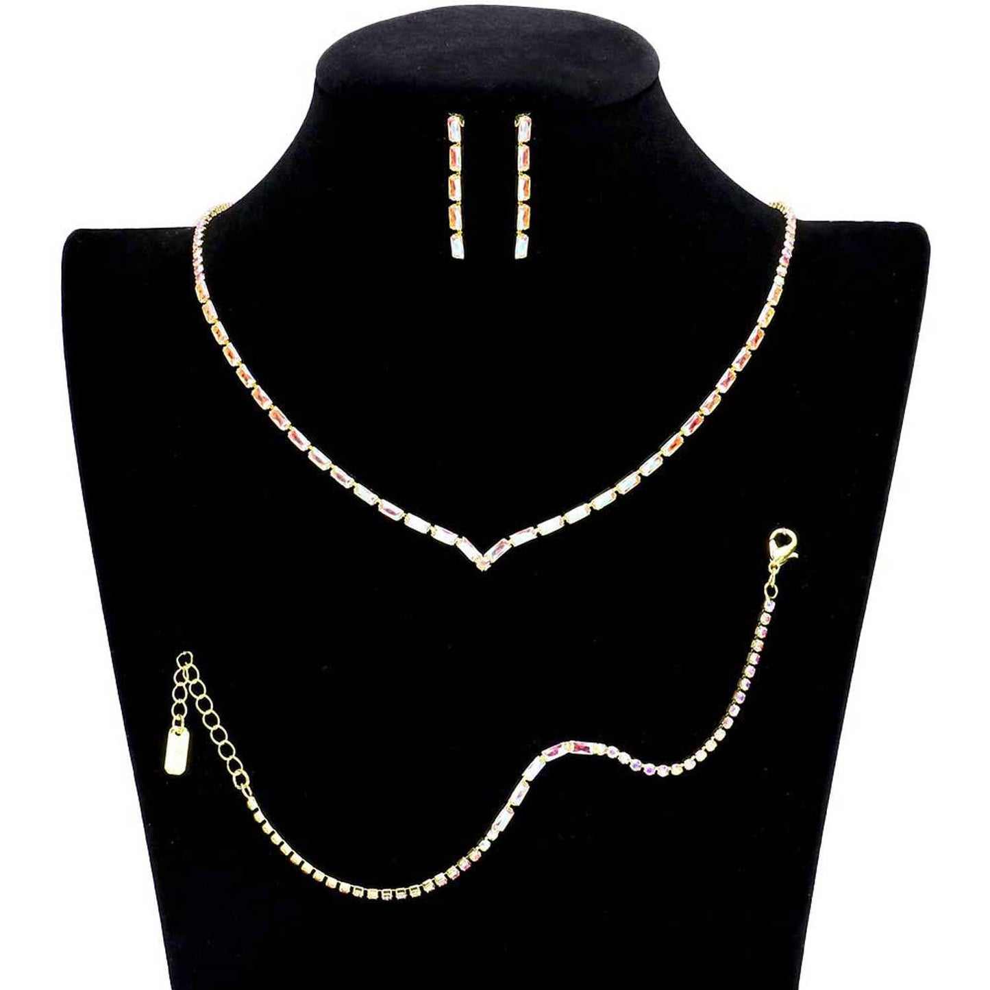 3PCS Chevron Accented Rectangle Stone Necklace Jewelry Set - Madeline Love - Flyclothing LLC