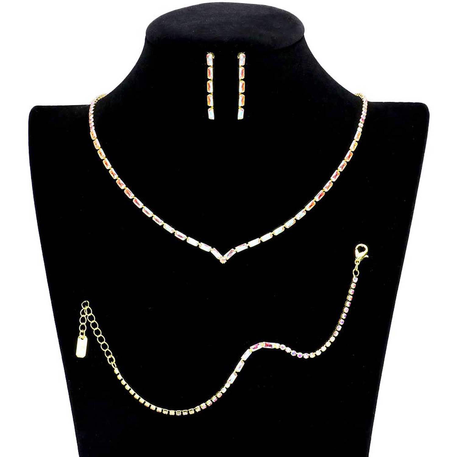 3PCS Chevron Accented Rectangle Stone Necklace Jewelry Set - Madeline Love - Flyclothing LLC