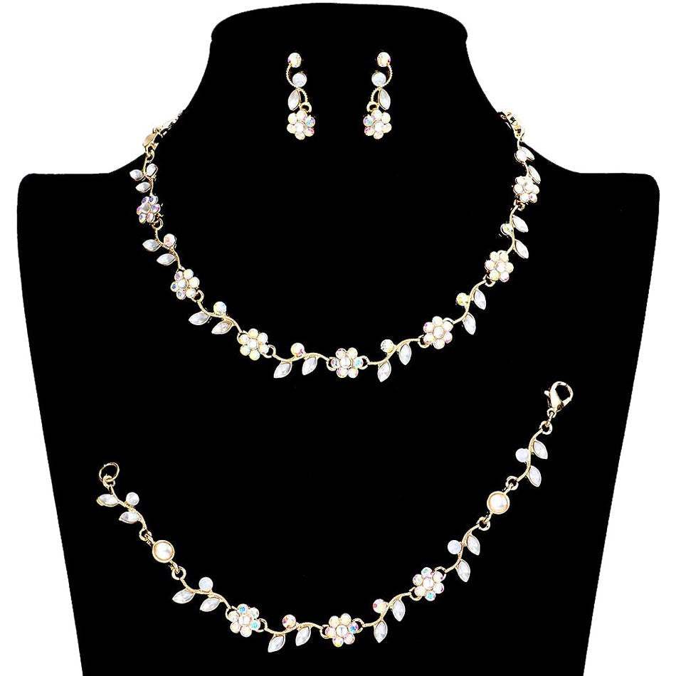 3PCS Flower Leaf Cluster Rhinestone Necklace Jewelry Set - Madeline Love - Flyclothing LLC